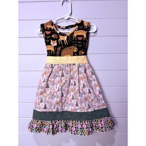 Kids‎ Boutique Woodland Animals Forest Trees Ruffle Hem Dress Girls Size 5/6
